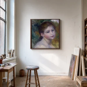 Framed print of Head of a Woman hanging on a wall in a furnished room