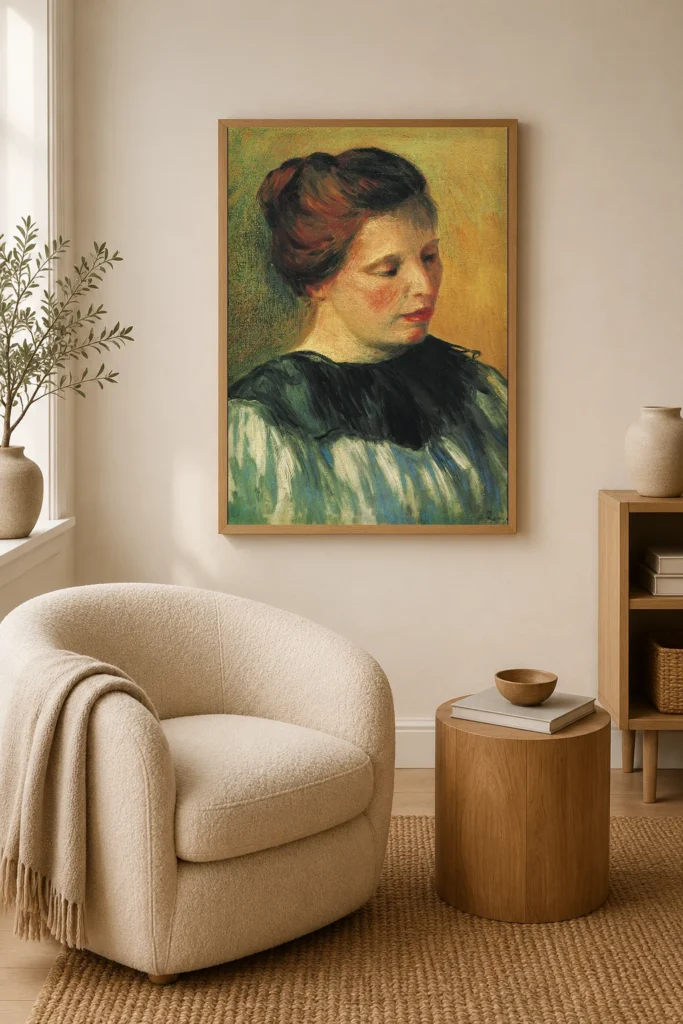 Framed print of Head of a Woman (Young Woman with a Chignon) hanging on a wall in a furnished room