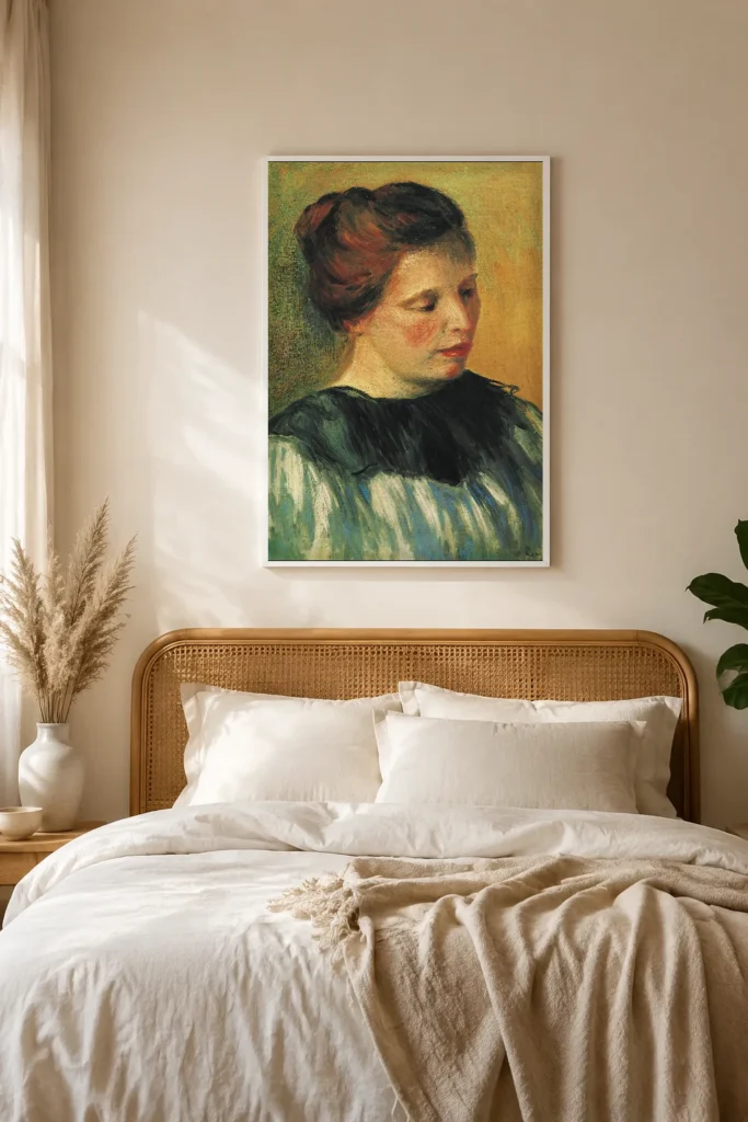Framed print of Head of a Woman (Young Woman with a Chignon) hanging on a wall in a furnished room