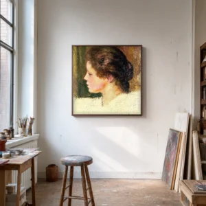 Framed print of Head of a Woman in Profile with a Chignon hanging on a wall in a furnished room