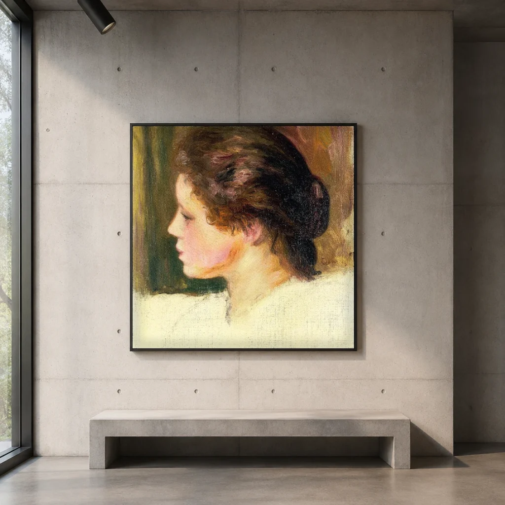 Framed print of Head of a Woman in Profile with a Chignon hanging on a wall in a furnished room