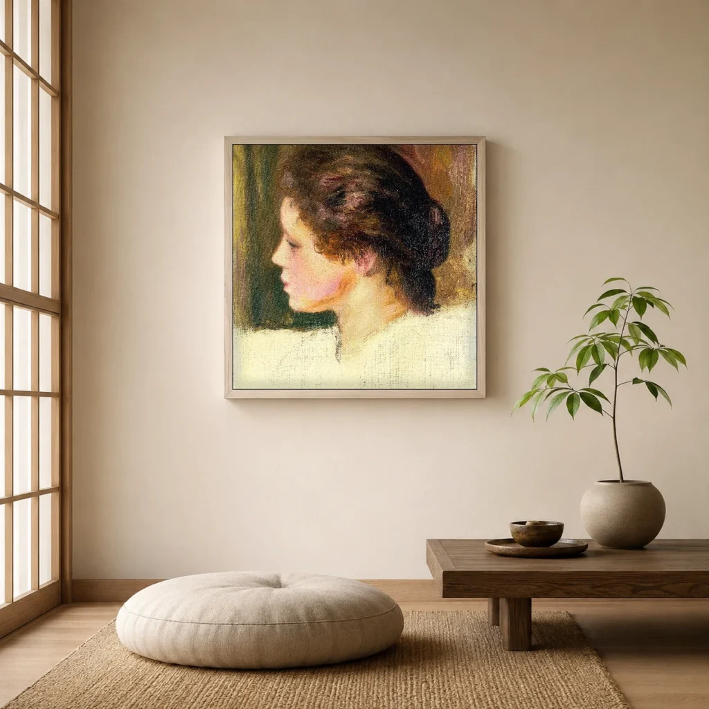 Framed print of Head of a Woman in Profile with a Chignon hanging on a wall in a furnished room