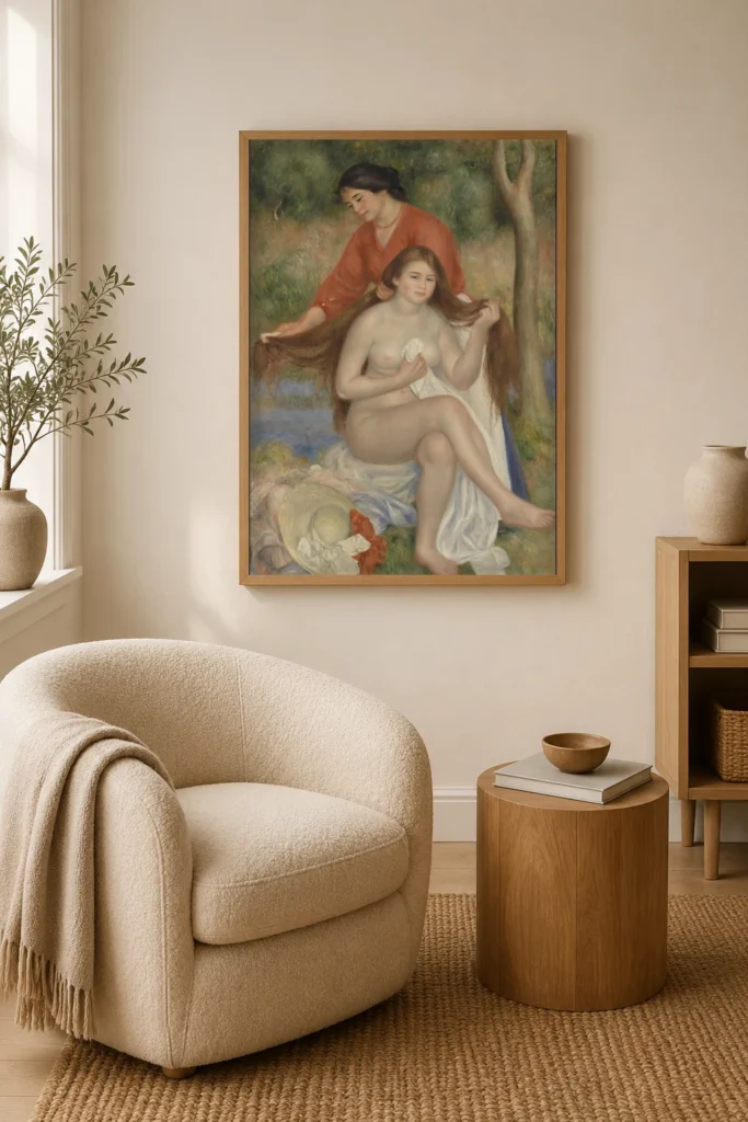 Framed print of Bather and Maid (La Toilette de la baigneuse) hanging on a wall in a furnished room