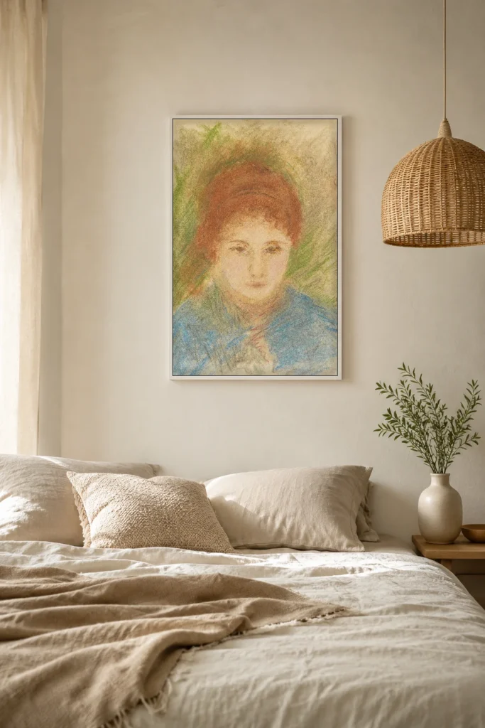 Framed print of Head of a Woman in Blue on a Green Background hanging on a wall in a furnished room