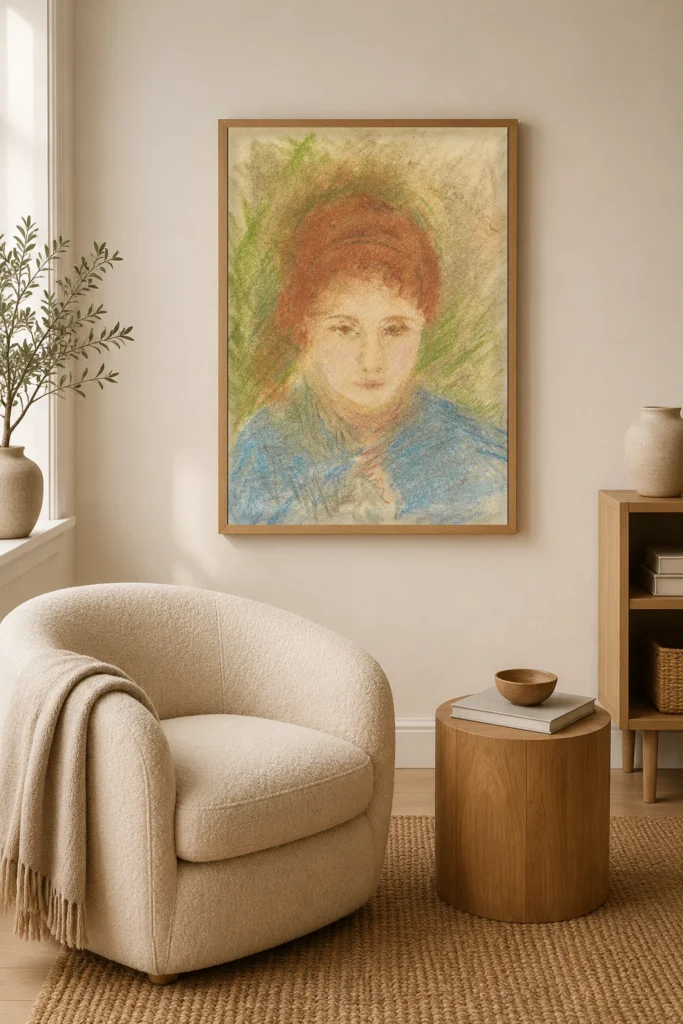 Framed print of Head of a Woman in Blue on a Green Background hanging on a wall in a furnished room