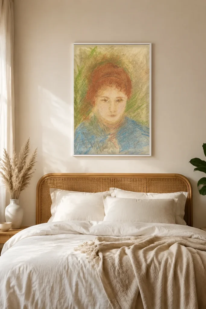 Framed print of Head of a Woman in Blue on a Green Background hanging on a wall in a furnished room