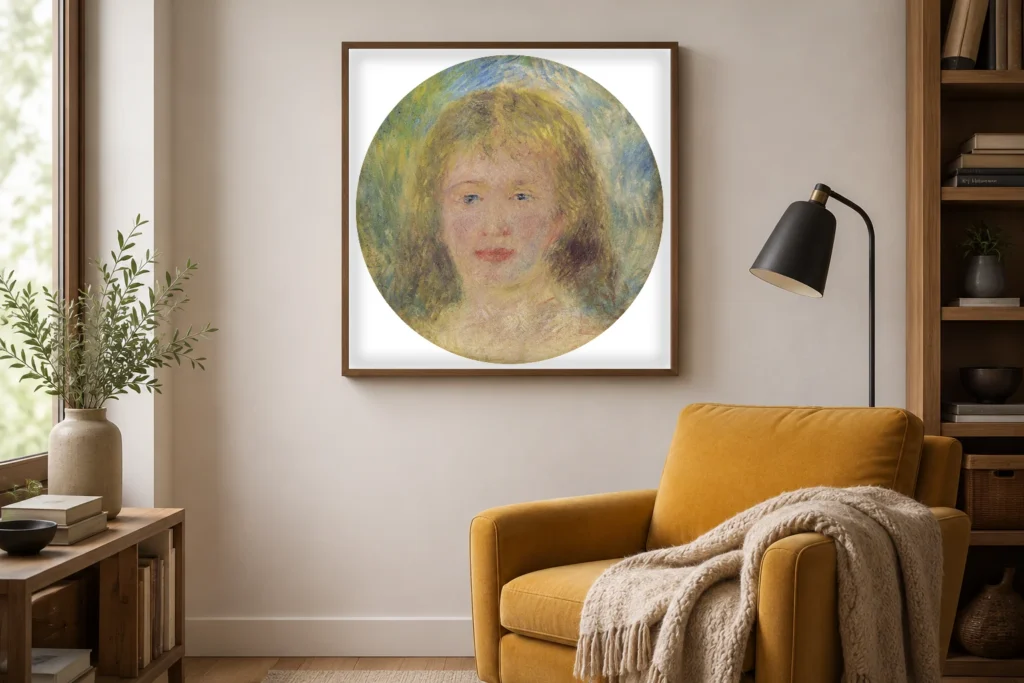 Framed print of Head of a Woman, Jeanne Samary hanging on a wall in a furnished room