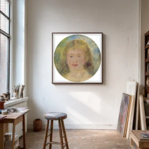 Framed print of Head of a Woman, Jeanne Samary hanging on a wall in a furnished room