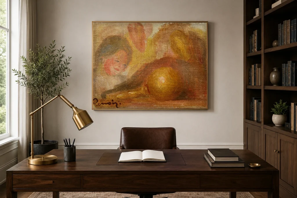 Framed print of Head of a Girl and a Bilboquet hanging on a wall in a furnished room