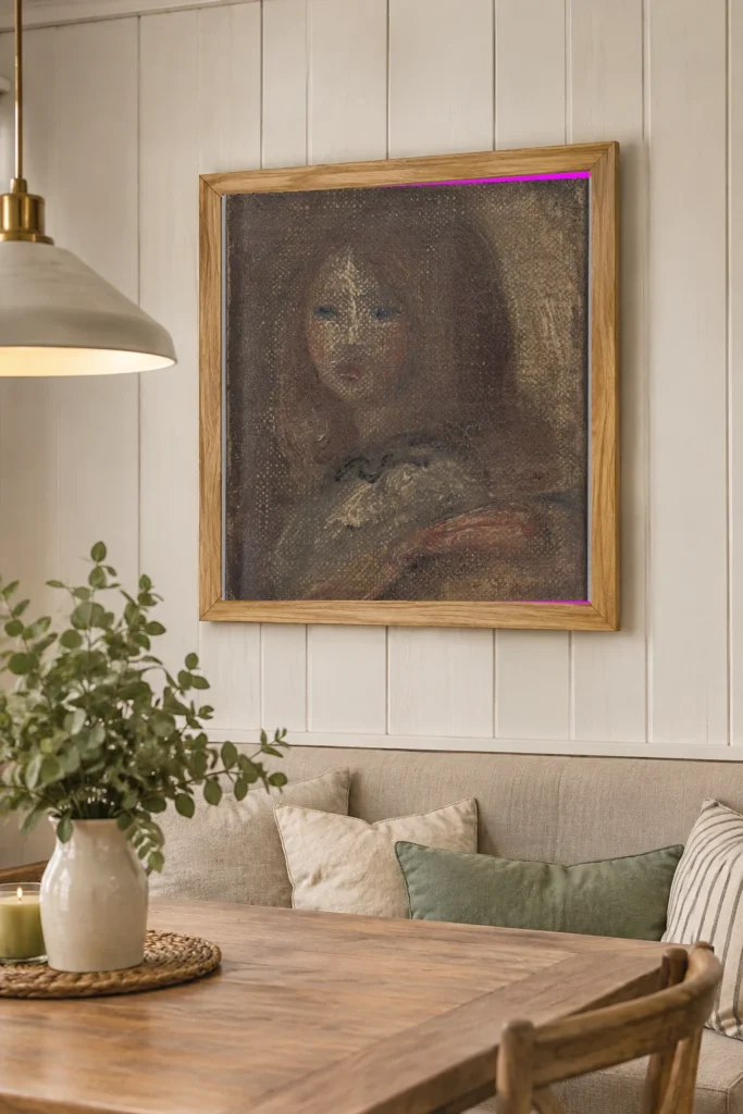 Framed print of Head of a Little Girl hanging on a wall in a furnished room