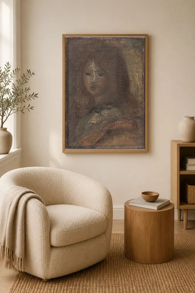 Framed print of Head of a Little Girl hanging on a wall in a furnished room