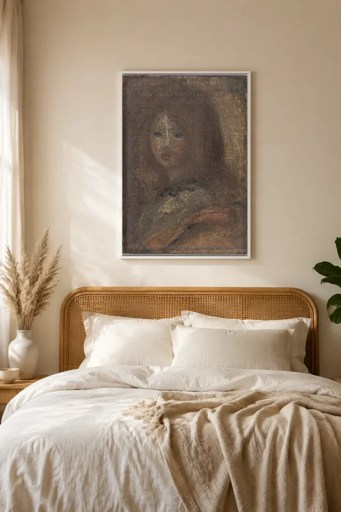 Framed print of Head of a Little Girl hanging on a wall in a furnished room