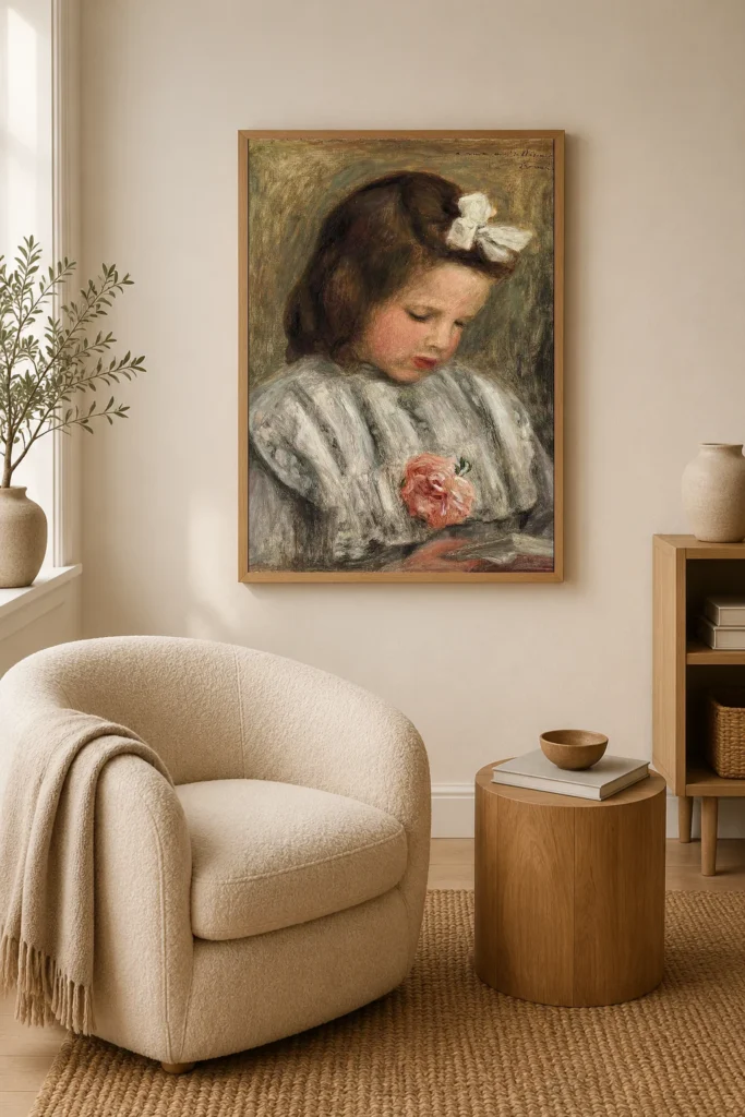Framed print of Head of a Little Girl with a Rose and a White Bow hanging on a wall in a furnished room