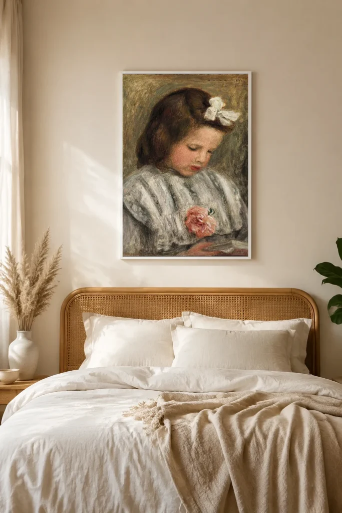 Framed print of Head of a Little Girl with a Rose and a White Bow hanging on a wall in a furnished room