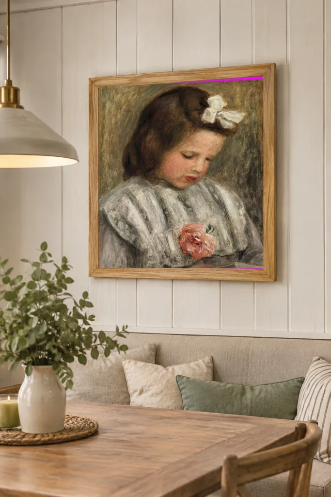 Framed print of Head of a Little Girl with a Rose and a White Bow hanging on a wall in a furnished room