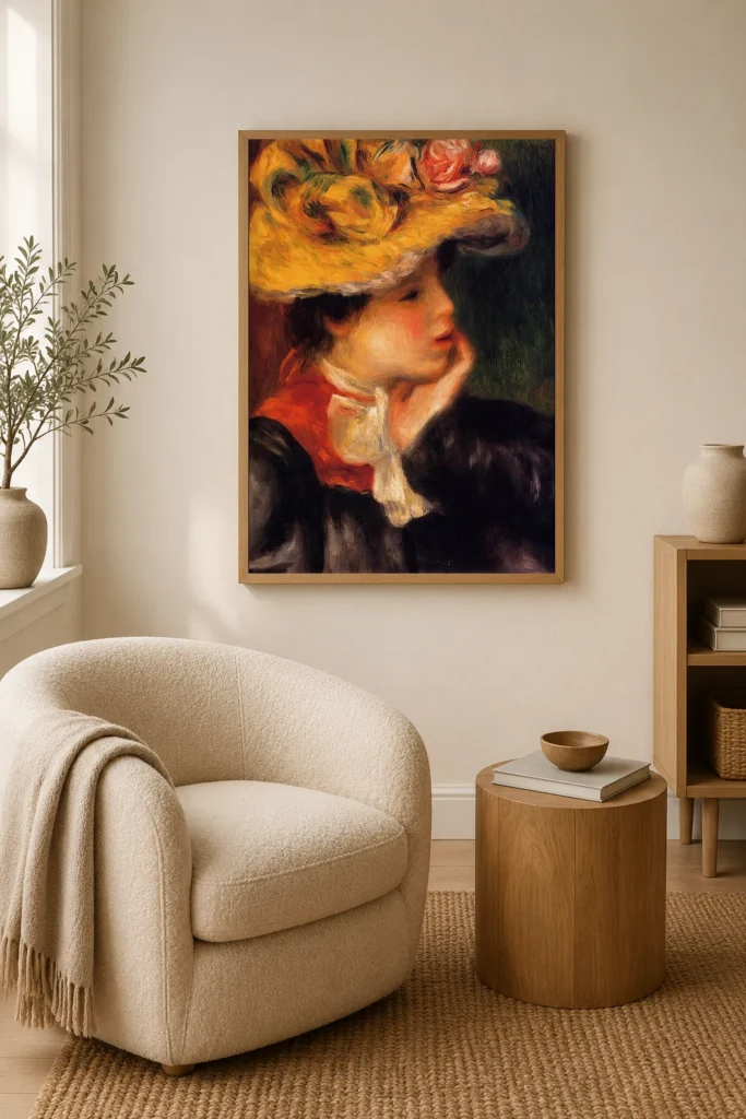 Framed print of Head of a Young Woman in a Yellow Hat hanging on a wall in a furnished room