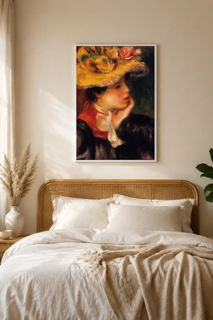 Framed print of Head of a Young Woman in a Yellow Hat hanging on a wall in a furnished room