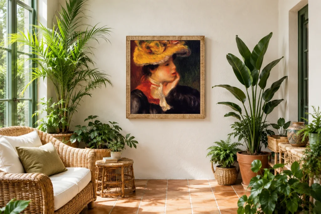 Framed print of Head of a Young Woman in a Yellow Hat hanging on a wall in a furnished room