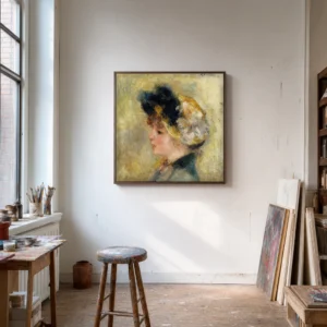 Framed print of Head of a Young Woman with a White Flower Hat hanging on a wall in a furnished room