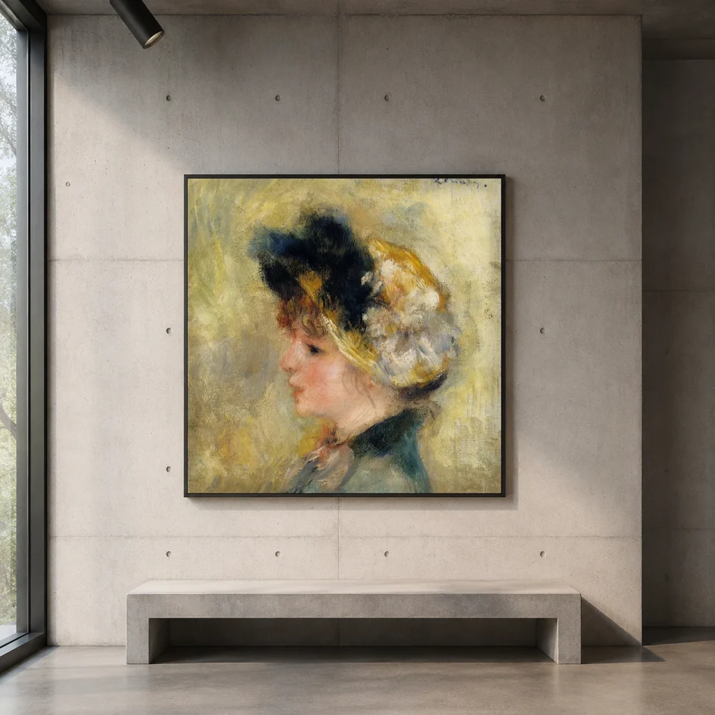 Framed print of Head of a Young Woman with a White Flower Hat hanging on a wall in a furnished room