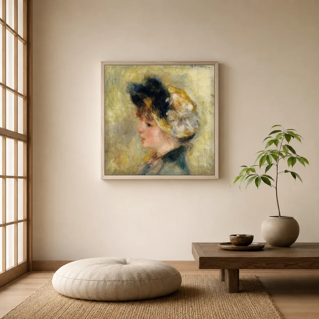 Framed print of Head of a Young Woman with a White Flower Hat hanging on a wall in a furnished room