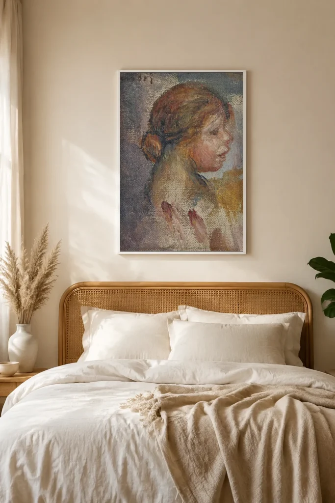 Framed print of Head of a Young Girl in Profile, Sketch hanging on a wall in a furnished room