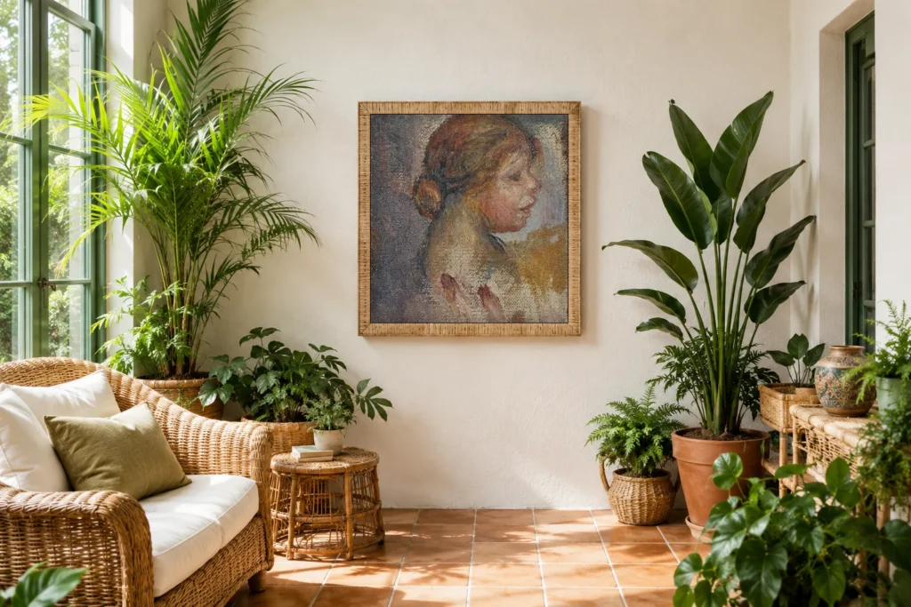 Framed print of Head of a Young Girl in Profile, Sketch hanging on a wall in a furnished room