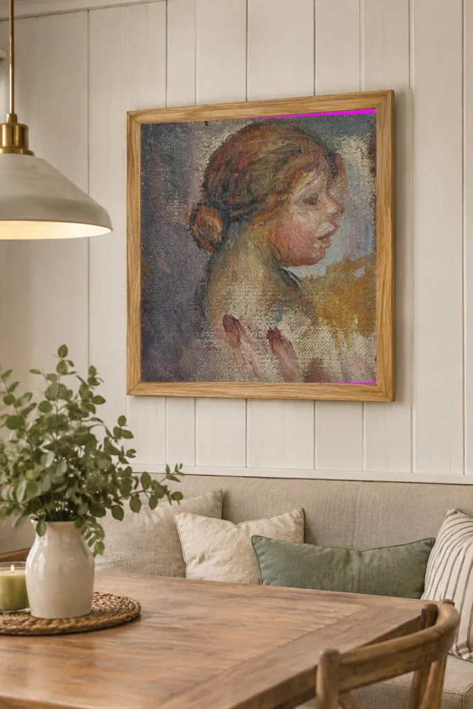 Framed print of Head of a Young Girl in Profile, Sketch hanging on a wall in a furnished room
