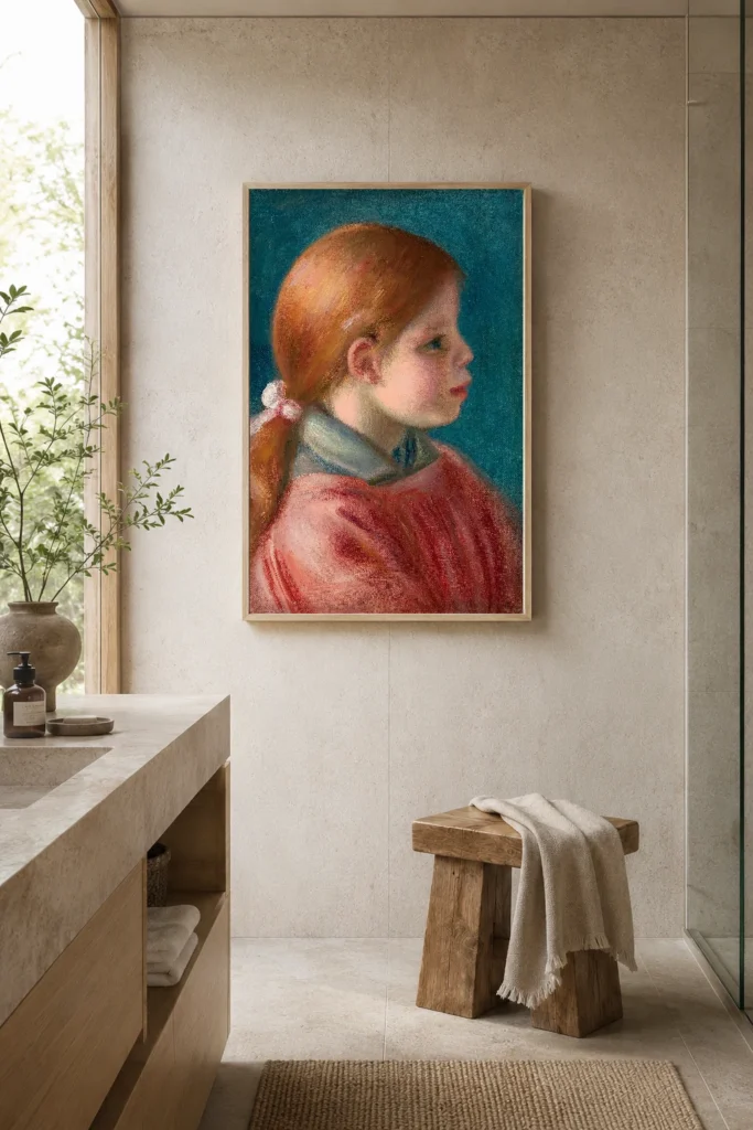 Framed print of Head of a Young Girl in a Red Dress on a Blue Background hanging on a wall in a furnished room