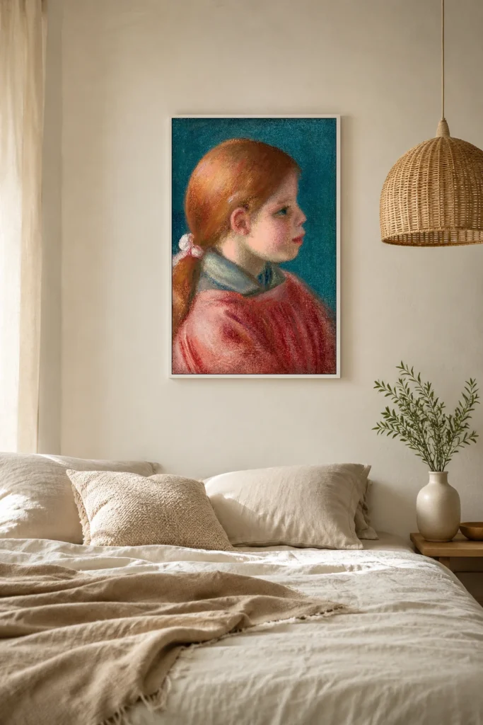 Framed print of Head of a Young Girl in a Red Dress on a Blue Background hanging on a wall in a furnished room