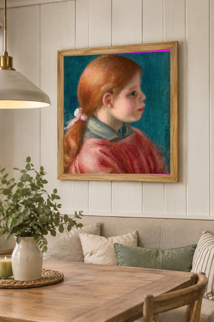 Framed print of Head of a Young Girl in a Red Dress on a Blue Background hanging on a wall in a furnished room