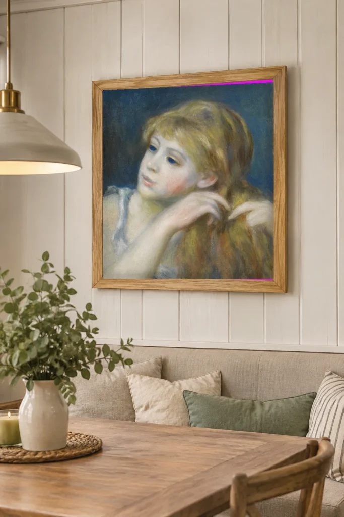 Framed print of Head of a Young Girl Combing Her Hair hanging on a wall in a furnished room