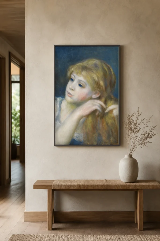 Framed print of Head of a Young Girl Combing Her Hair hanging on a wall in a furnished room