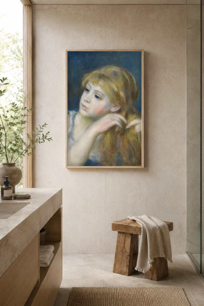 Framed print of Head of a Young Girl Combing Her Hair hanging on a wall in a furnished room