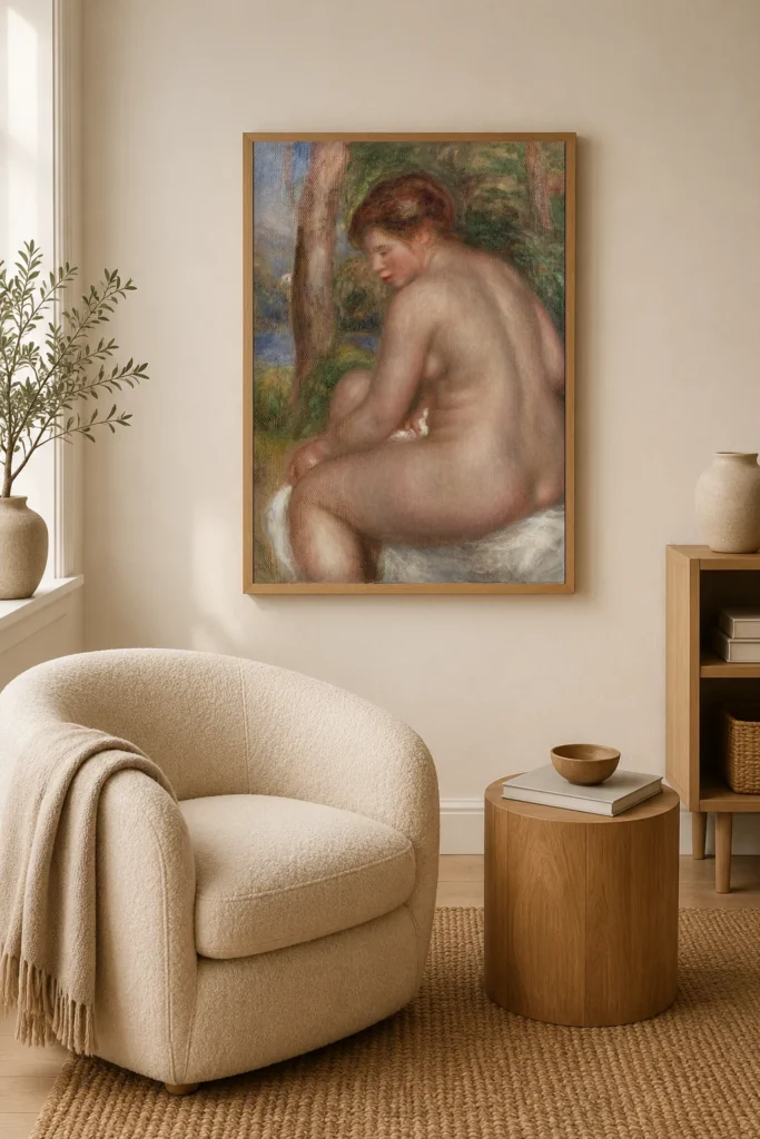 Framed print of Bather in Three-Quarter View (Baigneuse vue de trois quarts) hanging on a wall in a furnished room