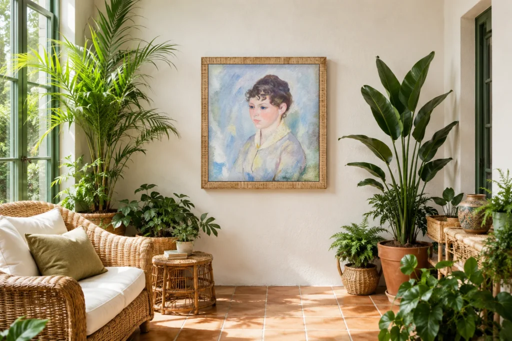 Framed print of Head of a Young Girl on a Light Blue Background hanging on a wall in a furnished room