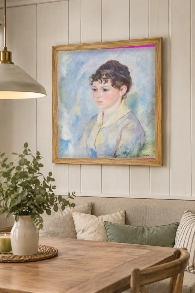 Framed print of Head of a Young Girl on a Light Blue Background hanging on a wall in a furnished room