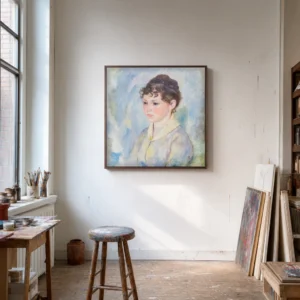 Framed print of Head of a Young Girl on a Light Blue Background hanging on a wall in a furnished room