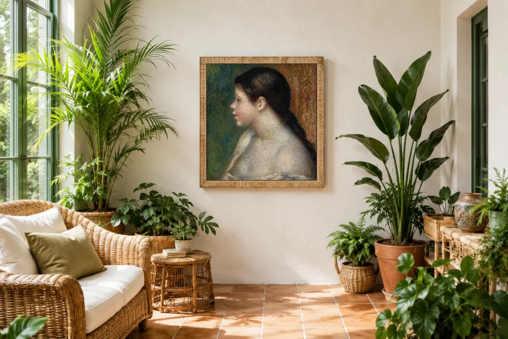 Framed print of Head of a Young Girl on Green and Ochre Background hanging on a wall in a furnished room