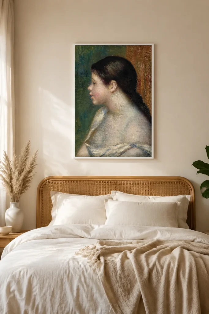 Framed print of Head of a Young Girl on Green and Ochre Background hanging on a wall in a furnished room