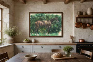 Framed print of A Horse hanging on a wall in a furnished room