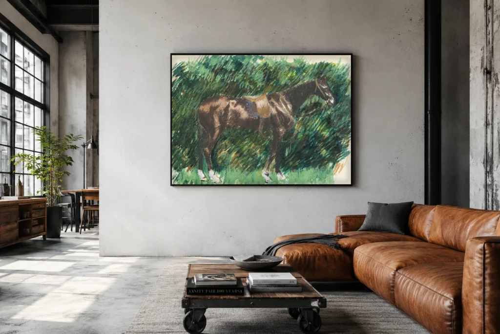 Framed print of A Horse hanging on a wall in a furnished room