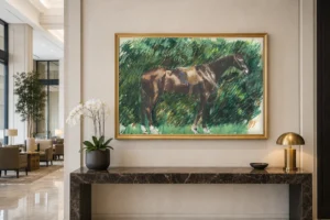 Framed print of A Horse hanging on a wall in a furnished room