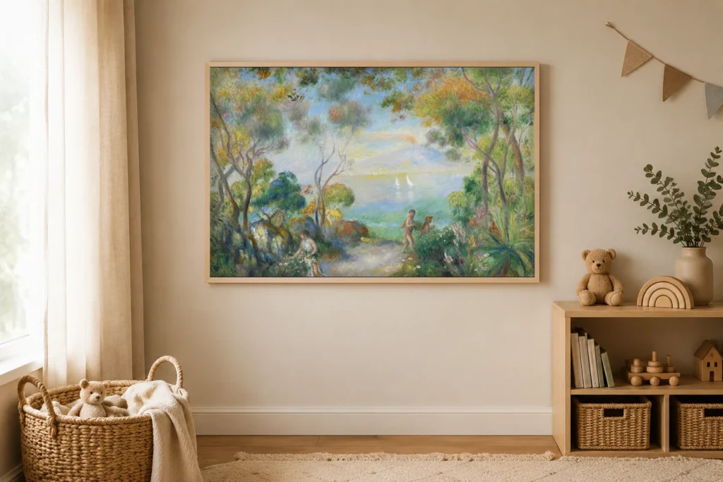 Framed print of A Garden at Sorrente hanging on a wall in a furnished room