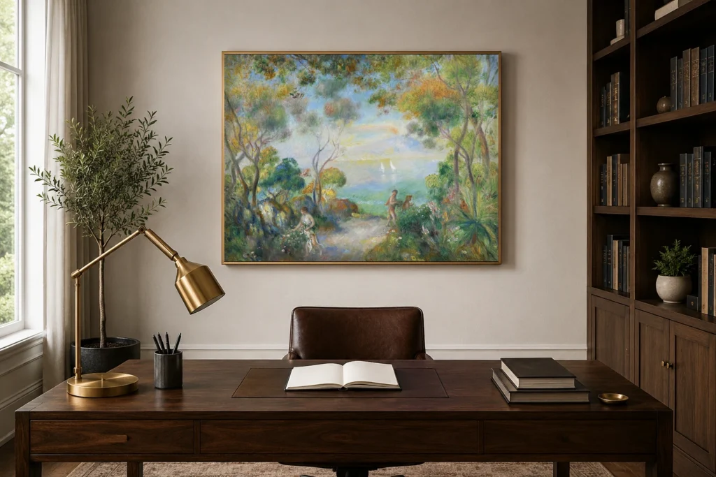 Framed print of A Garden at Sorrente hanging on a wall in a furnished room