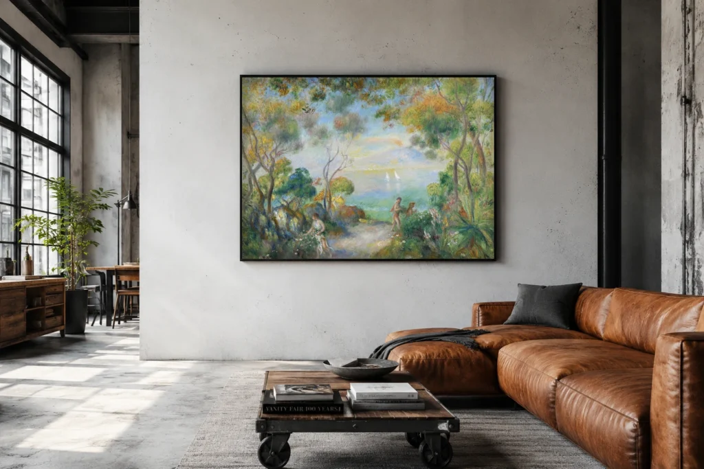 Framed print of A Garden at Sorrente hanging on a wall in a furnished room