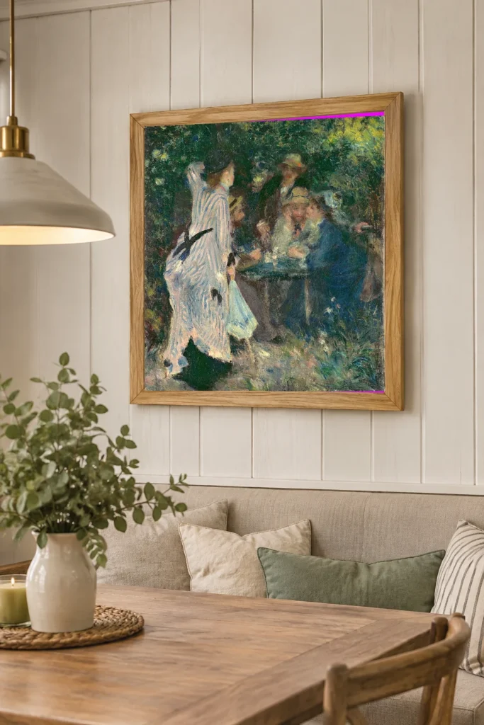 Framed print of Under the Arbor hanging on a wall in a furnished room