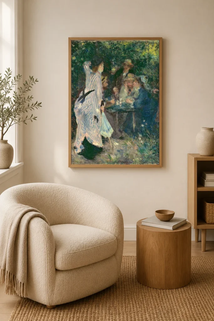 Framed print of Under the Arbor hanging on a wall in a furnished room
