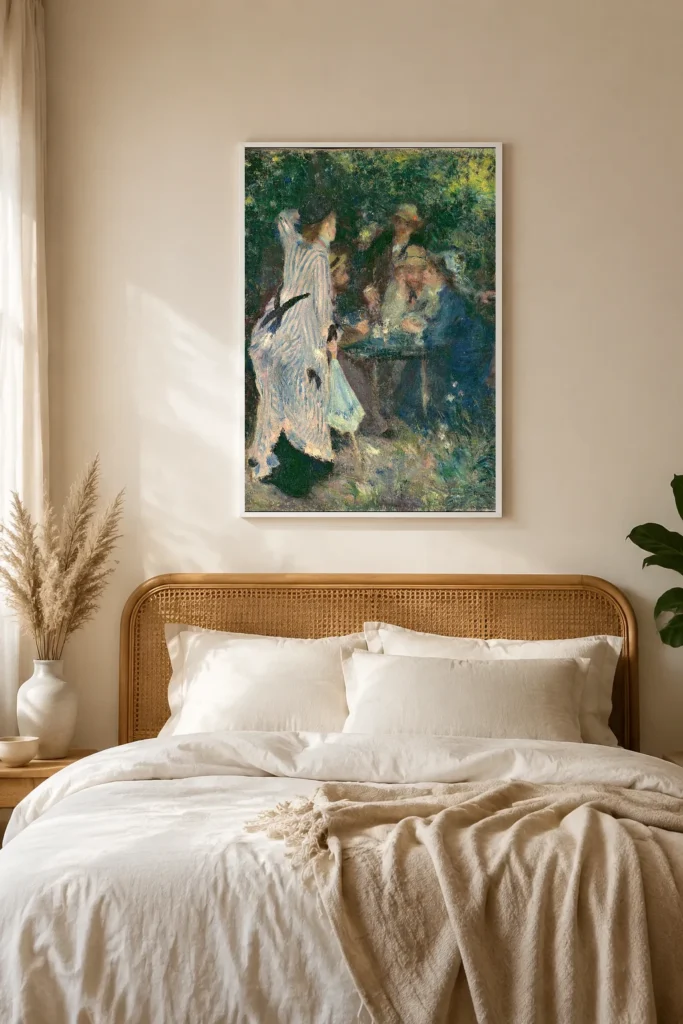 Framed print of Under the Arbor hanging on a wall in a furnished room