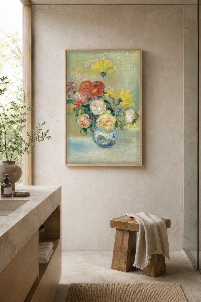 Framed print of Vase of Roses and Dahlias hanging on a wall in a furnished room
